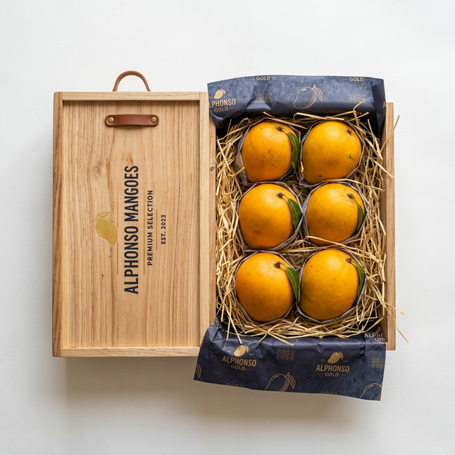 Premium residue-free mango box with golden mangoes packed and ready for delivery