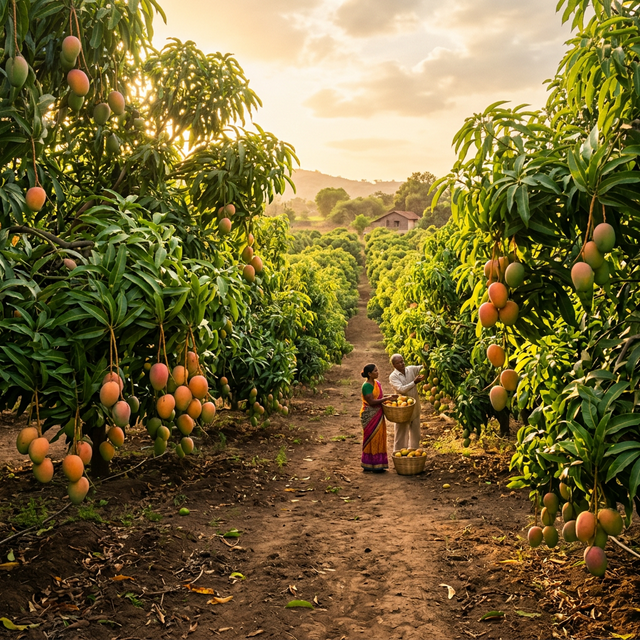 Mango orchard in Karnataka with ripe fruits hanging from lush green trees