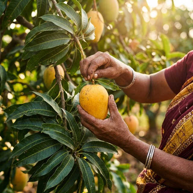 Farmer hand-picking a ripe golden mango from the tree in Karnataka