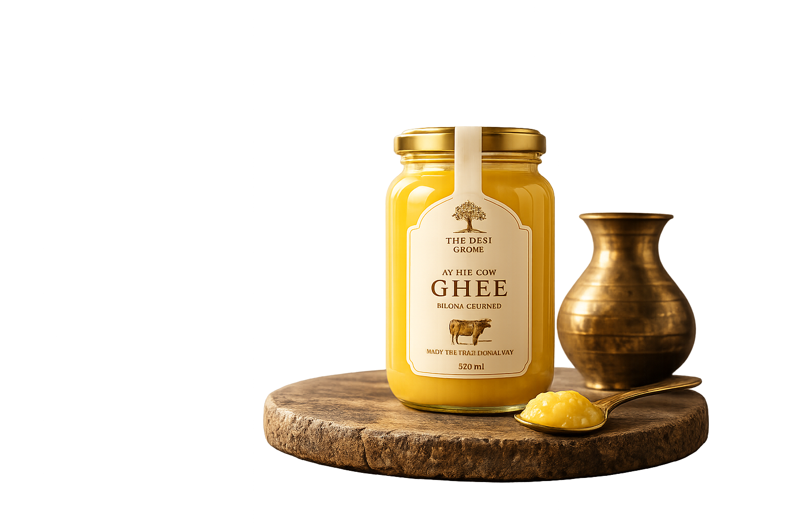 The Desi Grove A2 cow ghee — golden, cooked to order, with a brass pot