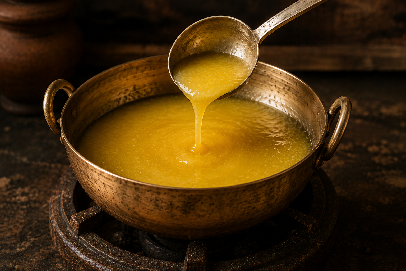Golden Desi ghee ladled from a brass kadai over a slow flame